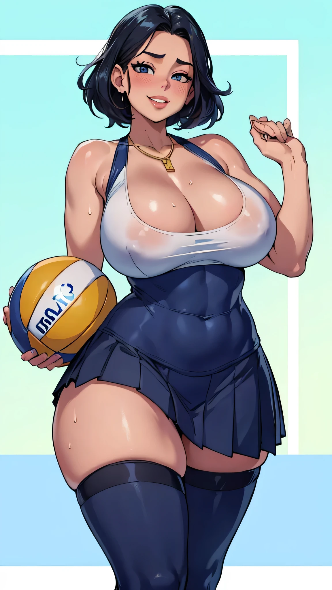 full body shot of A curvy volleyball player, playing volleyball on court , wearing thin colorfull sports wear, (thigh highs) , reaching arms , full of happiness, looks so happy , sweaty body, big eyes , wide bold lips, volleyball court , curvy body , super realistic skin, super detailed face, short hair , attractive long legs, huge breasts with deep cleavage , simple gold necklace ,(low-rise pleated skirt) , perfect abs , thick calves, sweaty body, attractive smile, cheek blushed , photorealistic, 8k, ultra realistic.