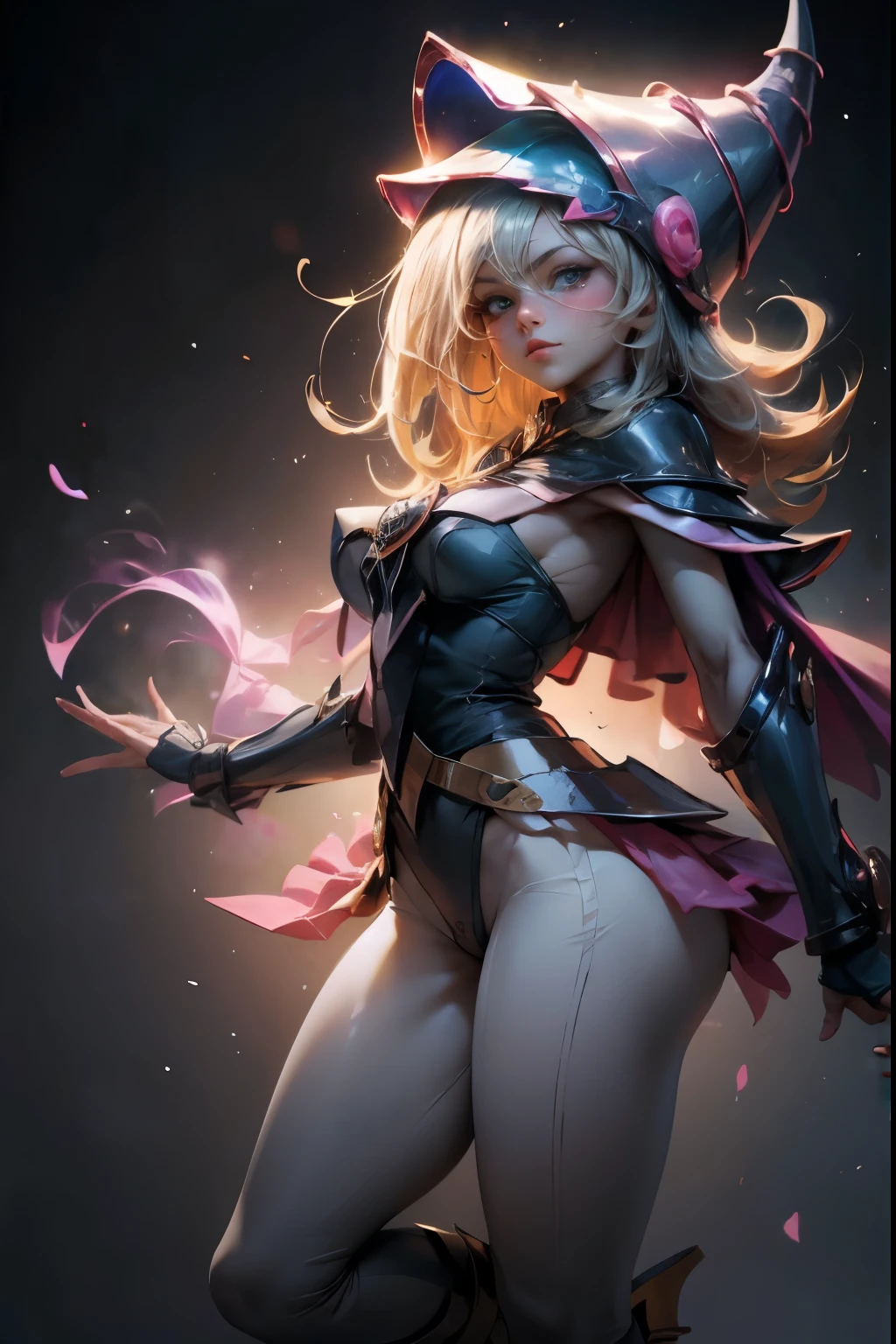 dark magician gils, with high-heels. Translucent pants, sexy, Subjective and sensual pose, standing showing her butt. And her white thong is marked. magic background. Magical heart in the air. magic circle