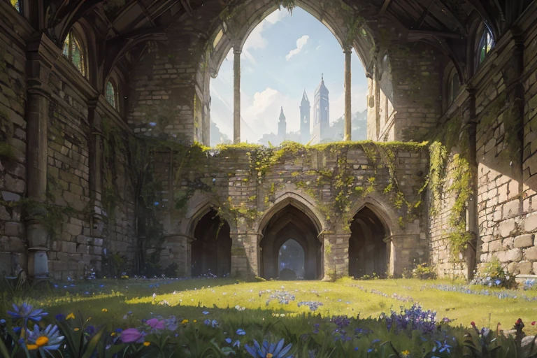 extremely overgrown haven walled off from the world with very tall dilapidated stone walls, spacious rectangular enclosed interior with tall grass, blue daisies flowers, sharp focus, detailed, best quality