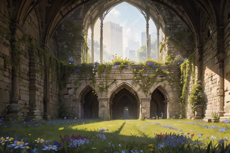 extremely overgrown haven walled off from the world with very tall dilapidated stone walls, spacious rectangular enclosed interior with tall grass, blue daisies flowers, sharp focus, detailed, best quality