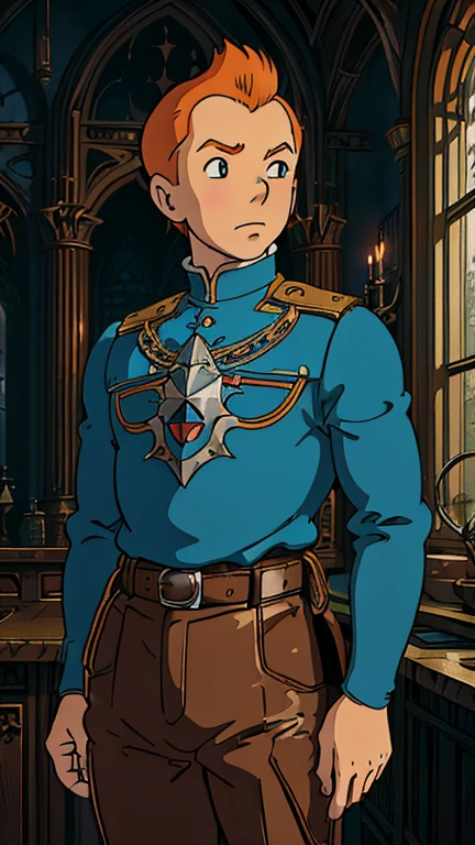 (s:1male: Tintin), (extremely detailed CG unit 8k wallpaper),(master part), (best quality), (ultra detail), (best illustration),(gothichorrorai), cowboy shot, (Sharp eyeliner, ombre, detailed eyes:1), dark gothic horror indoors background, ,break , (ghibli style), upper body, very short hair,orange hair