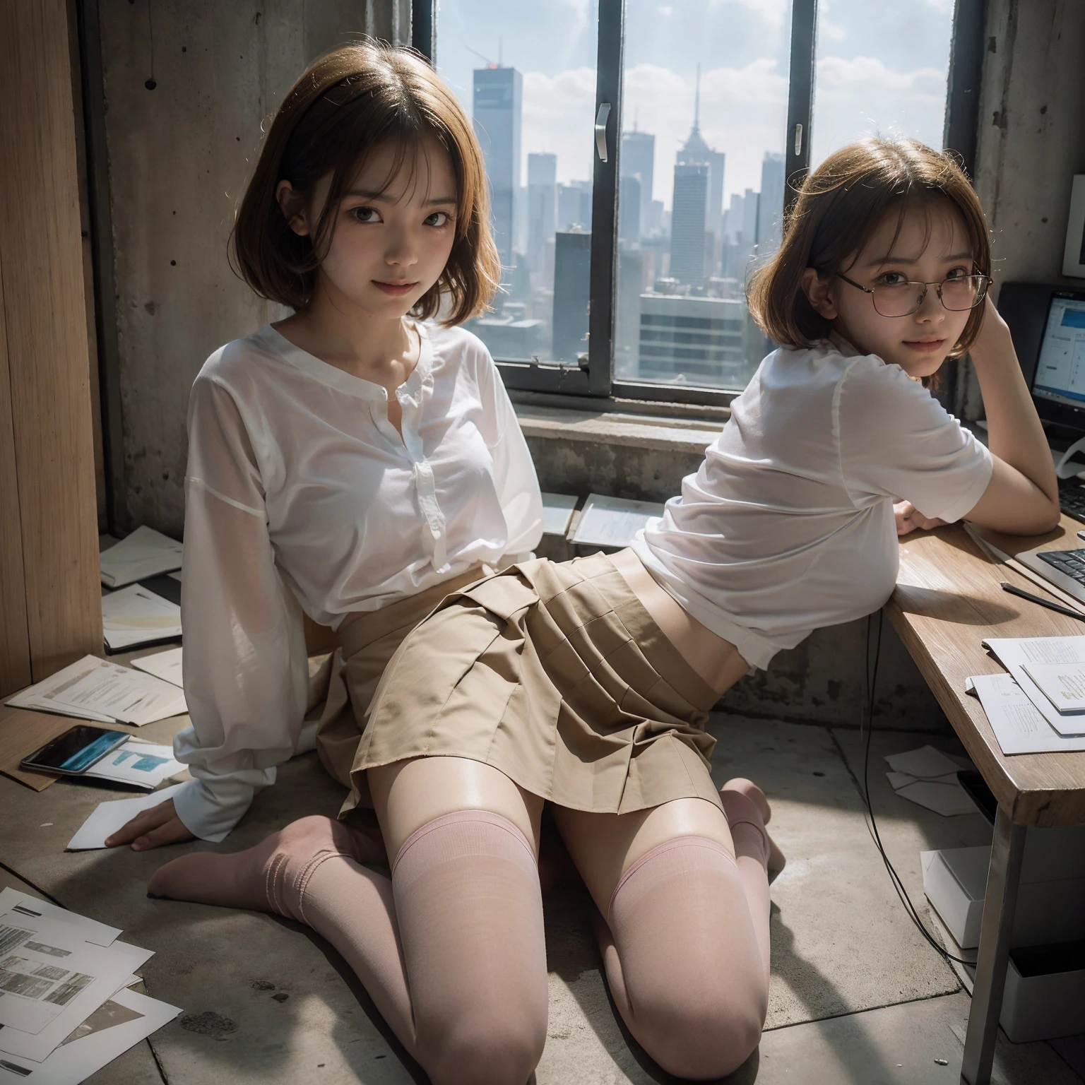 （anise、One Woman、、smile、Blonde、Thin glasses、Facing forward）、（White clothes、See-through shirt、Short pleated skirt in blue、Pink underwear、socks）、（Inside a skyscraper office at night）、（Sit with your legs apart）、（Hands tied and restrained）