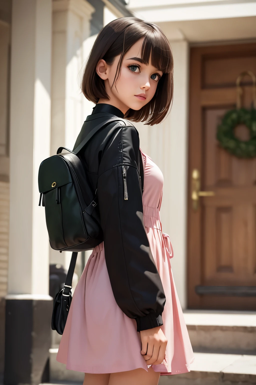 beautiful, masterpiece, best quality, extremely detailed face, perfect lighting, 1girl, solo, sketch, marnie (pokemon), green eyes, asymmetrical bangs, backpack, bag, black choker, black jacket, blurry, blurry background, choker, closed mouth, dress, from behind, indoors, jacket, long sleeves, looking at viewer, looking back, off shoulder, pink dress, red bag, solo