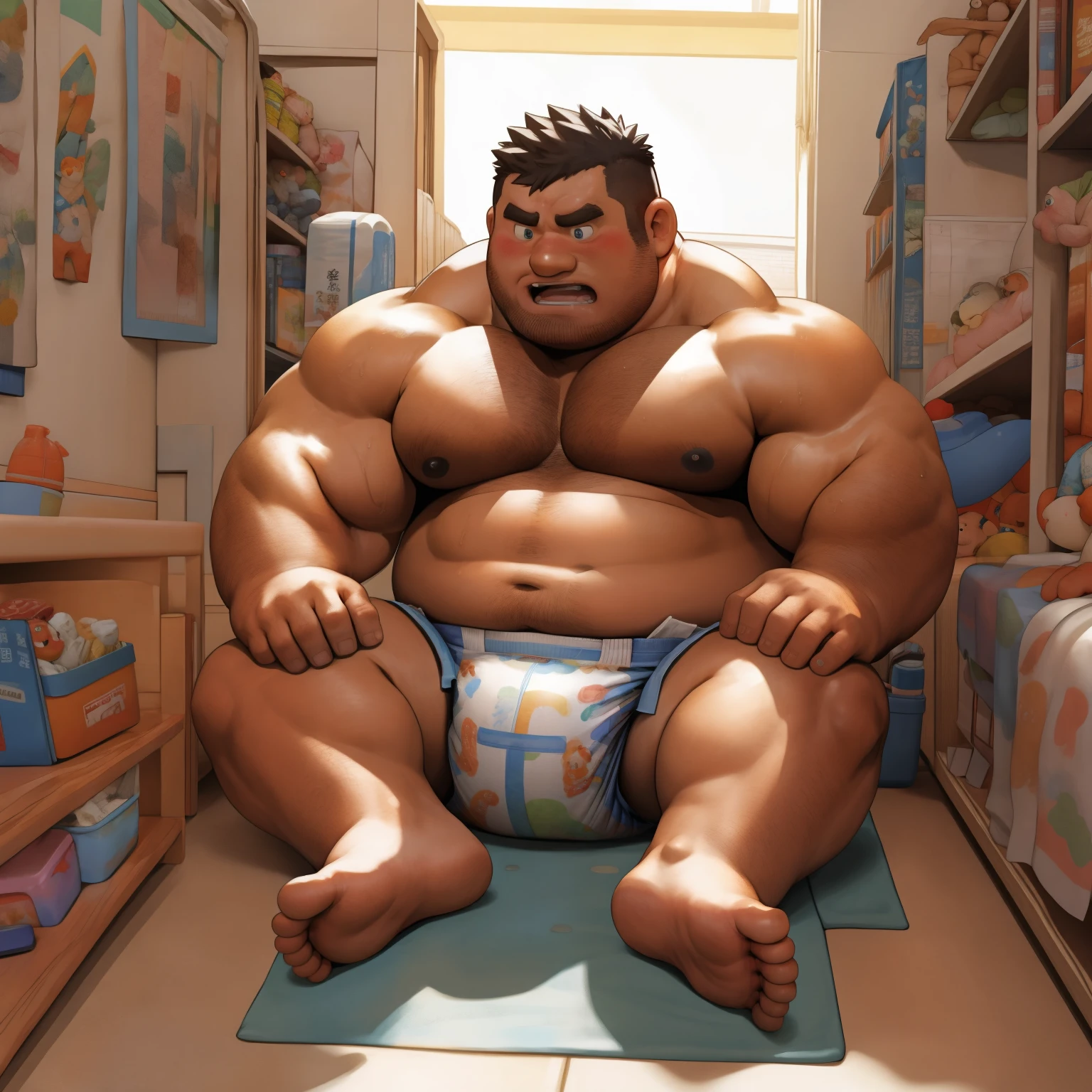 masterpiece, Top quality, in 32K, perfect anatomy, hyper detailed, super fine illustration, The thick man is a brutal retarded prisoner, hairy human, 50yo in Japan, (fatness: 1.0), Fatty muscle, Bowleg, disappointment, incontinent, shy, sissy, Weaker than children, Drool, Round face, be diaper check by children, waddle, There is a small puddle under him, incontinent, short legs, Bowleg, spread legs, wear a White cloth Diaper, Bare belly, Bare legs, Bare foots, Bare soles, Shirtless, wide forehead and short thinning hair, Man with round face with stubble, Bare foots, Bare soles, He enters nursery school and is despised by children, Entrance ceremony commemorative photo, He surrounded by children, His bottom is wet, Bare foots, big butt, he is scolded by the children, White Diaper, He surrounded by children, sobbing, wear a White cloth Diaper, shirtless, There is a small puddle under him, He enters nursery school and is despised by children, big butt, sobbing, He crawling to go to children, on all fours, side view