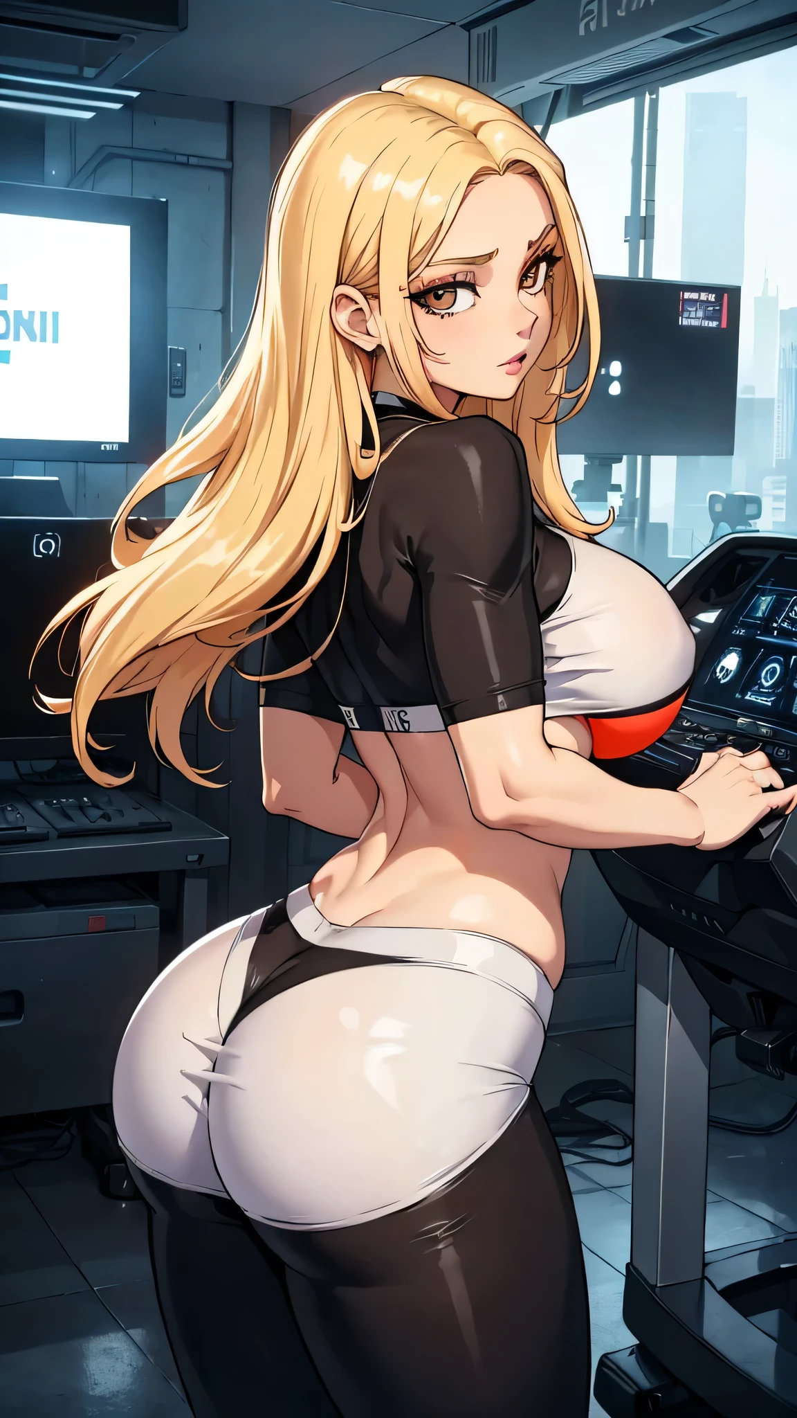 （（（Perfect figure，figure，solo， White and tender skin，（（（cyberpunk，Black yoga pants，Striped top ））），（（（MiaChadef, long hair, blonde hair, brown eyeasterpiece)),high resolution, ((Best quality at best))，masterpiece，quality，Best quality，（（（ Exquisite facial features，Looking at the audience,There is light in the eyes，(（（lol，Happy，））），））），（（（Light and shadow，Huge breasts））），（（（Looking at the camera，White background，fitness，In motion，From the back，Looking up，plump ass)）））