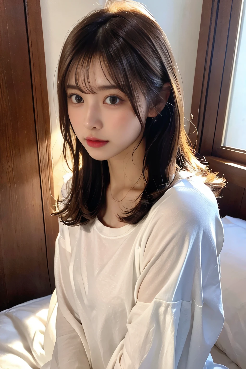 (kneeling, sitting on the the bed, hands on the bed:1.4), (boyfriend's white T-shirt, oversized men’s T-shirts, oversized baggy shirt, Sleeves long enough to cover her hands:1.5), (wide open neck, collarbone:1.2), (upper thigh:1.3), realistic detailed beautiful thighs, looking at viewer, (from front:1.3), BREAK (1 beautiful Japanese idol, 20 years old), perfect body, Detailed beautiful delicate face, Detailed beautiful delicate eyes and eye highlights, Very thin and delicate eyelashes that are not too long, (finely detailed beautiful blown big eyes and detailed face), no makeup, slender face, (lustrous skin, realistic detailed skin), (brown medium hair:1.2), (happy, half asleep:1.1), (masterpiece, best quality:1.2), 8k, RAW photo, (Realistic, hyper realistic, photorealistic:1.3), Ultra High Res, intricate details, ultra detailed, High quality texture, distinct image, (simple background), (bedroom, morning, light shining through the window:1.1),