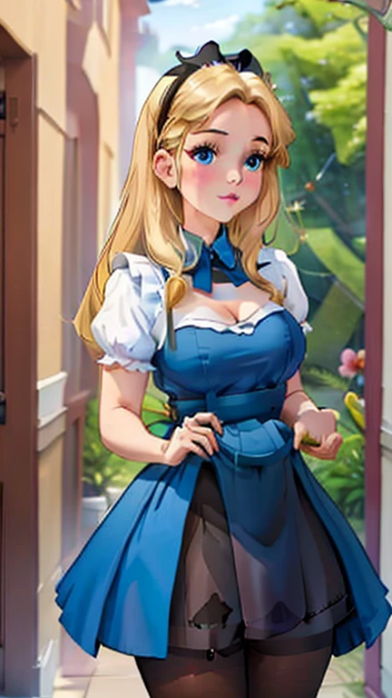 1girl, masterpiece, best_quality:0.5, highres, 4K image, (incredible_details:0.7), absurdes, sharpen image, perfect focus on character, depth of field:1.0, ((fullbody_angle_shot:0.6)), precious 20 years-old girl, AliceWaifu, large blue eyes, ((surprised expression face)), thick lips, blonde, black hairband, blue dress, tight minidress, ((unbutton)), (white pantyhose), perfect body, ((colossal cleavage)), busty, perfect legs, thick thighs, high heels, enchanted forest scenery, flowers, butterflies, sunrays in scene, ((blur background:1.4)), lifting minidress