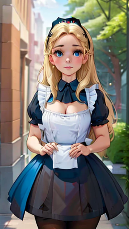 1girl, masterpiece, best_quality:0.5, highres, 4K image, (incredible_details:0.7), absurdes, sharpen image, perfect focus on character, depth of field:1.0, ((fullbody_angle_shot:0.6)), precious 20 years-old girl, AliceWaifu, large blue eyes, ((surprised expression face)), thick lips, blonde, black hairband, blue dress, tight minidress, ((unbutton)), (white pantyhose), perfect body, ((colossal cleavage)), busty, perfect legs, thick thighs, high heels, enchanted forest scenery, flowers, butterflies, sunrays in scene, ((blur background:1.4)), lifting minidress