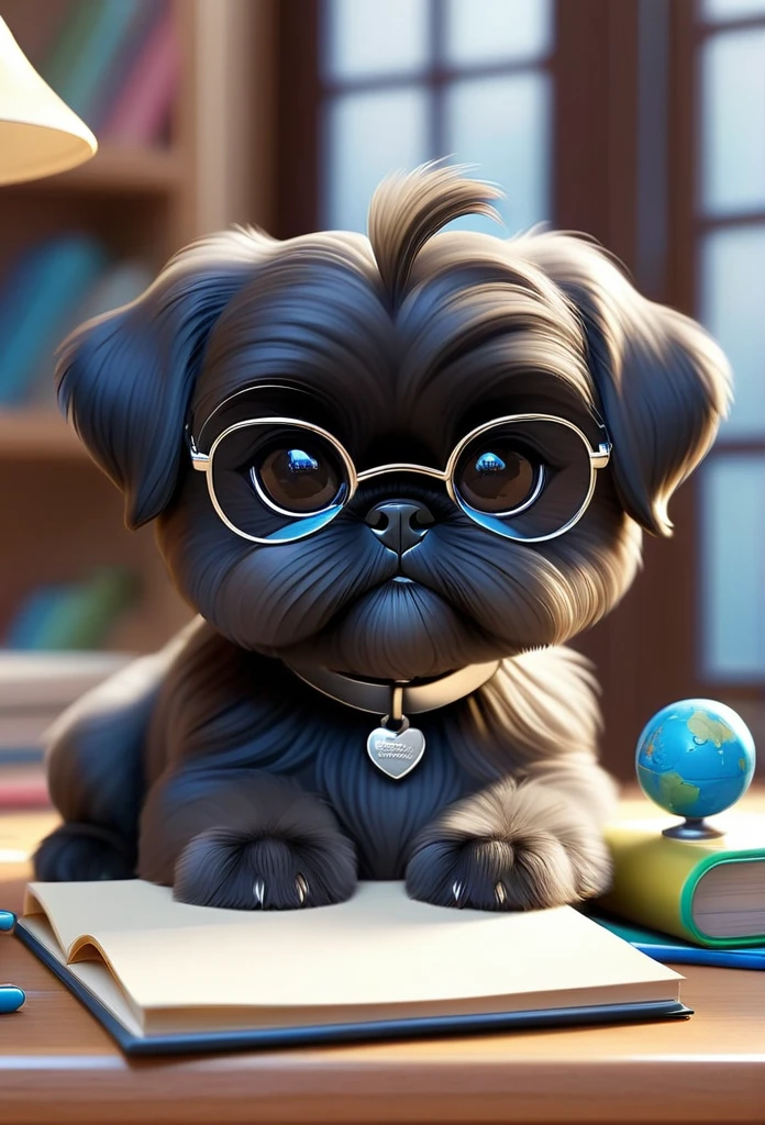 2 adorable black black black black black Shih Tzu puppies with big blue eyes wearing silver collars and sunglasses sitting in desk, go to school, school in background happy, playful 3D Pixar Style