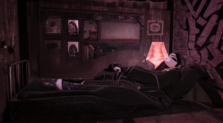 a woman in black clothes, a white mask and all black eyes. he has a knife in his hand. long black hair.