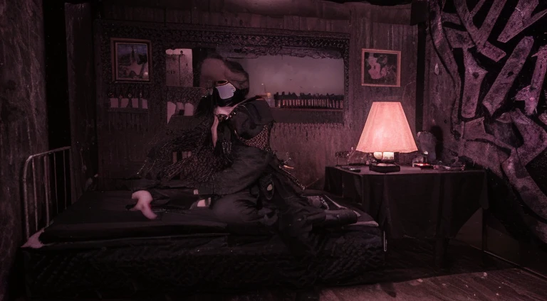 a woman in black clothes, a white mask and all black eyes. he has a knife in his hand. long black hair.