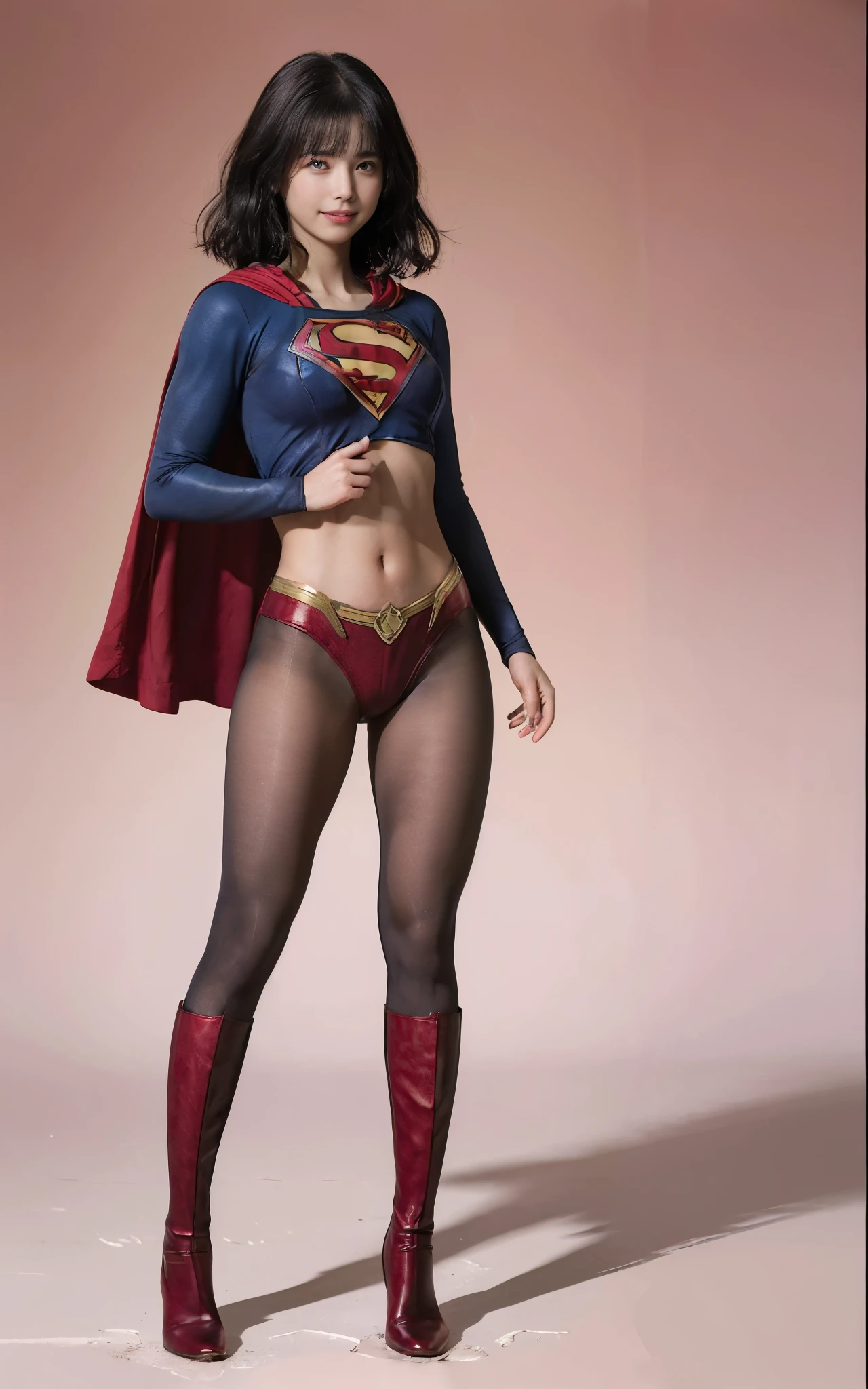 No background、She always has her mouth open、She always has a sad look on her face、Always close your eyes、(((Beautiful legs in black tights.)))、(((Stretch your legs、expensive、Showing a beautiful smile)))、((((Make the most of your original images)))、(((Supergirl Costume)))、(((Beautiful Short Hair)))、(((Suffering face)))、(((Black tights legs、Wear red boots)))、((Best image quality、8k))、((Highest quality、8k、masterpiece:1.3))、(((Preserve background )))、Sharp focus:1.2、Beautiful woman with perfect figure:1.4、Slim Abs:1.2、Wet body:1.5、Highly detailed face and skin texture、8k