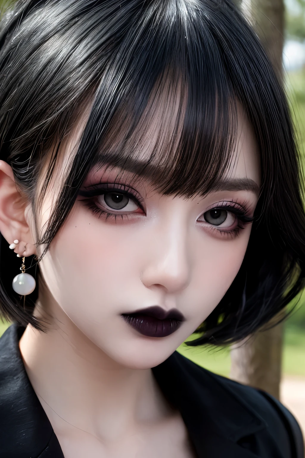 (masterpiece, best quality, ultra detailed), woman, solo, looking at viewer, close-up, hypnoLora, empty eyes, black hair, white jacket, outdoors, goth, pale skin, mascara, black eyes, eyeliner, breasts, black lips, black lipstick, smoky eyes, eye shadow, collar, side swept pixie cut, earrings, park