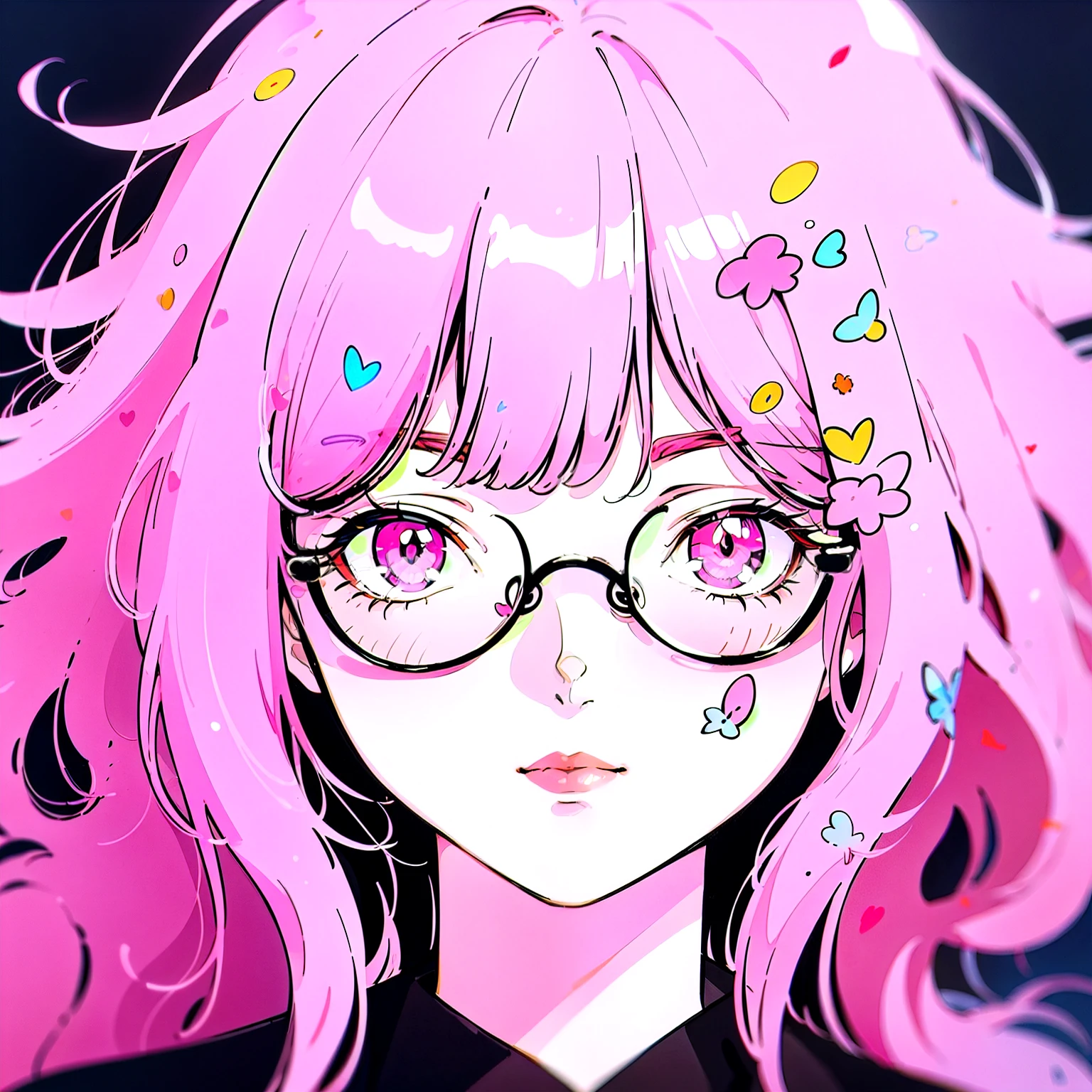 Close-up of a woman with pink hair wearing glasses, artwork in Gubes style, Gubes, Cute realistic portrait, inspired by Seihiko-kun, glowing pink face, pink girl, Beautiful anime portraits, pink glasses, glowing pink eyes, Realistic Anime 3D Style, Yanjun City, Realistic anime art style, ((pink)8k