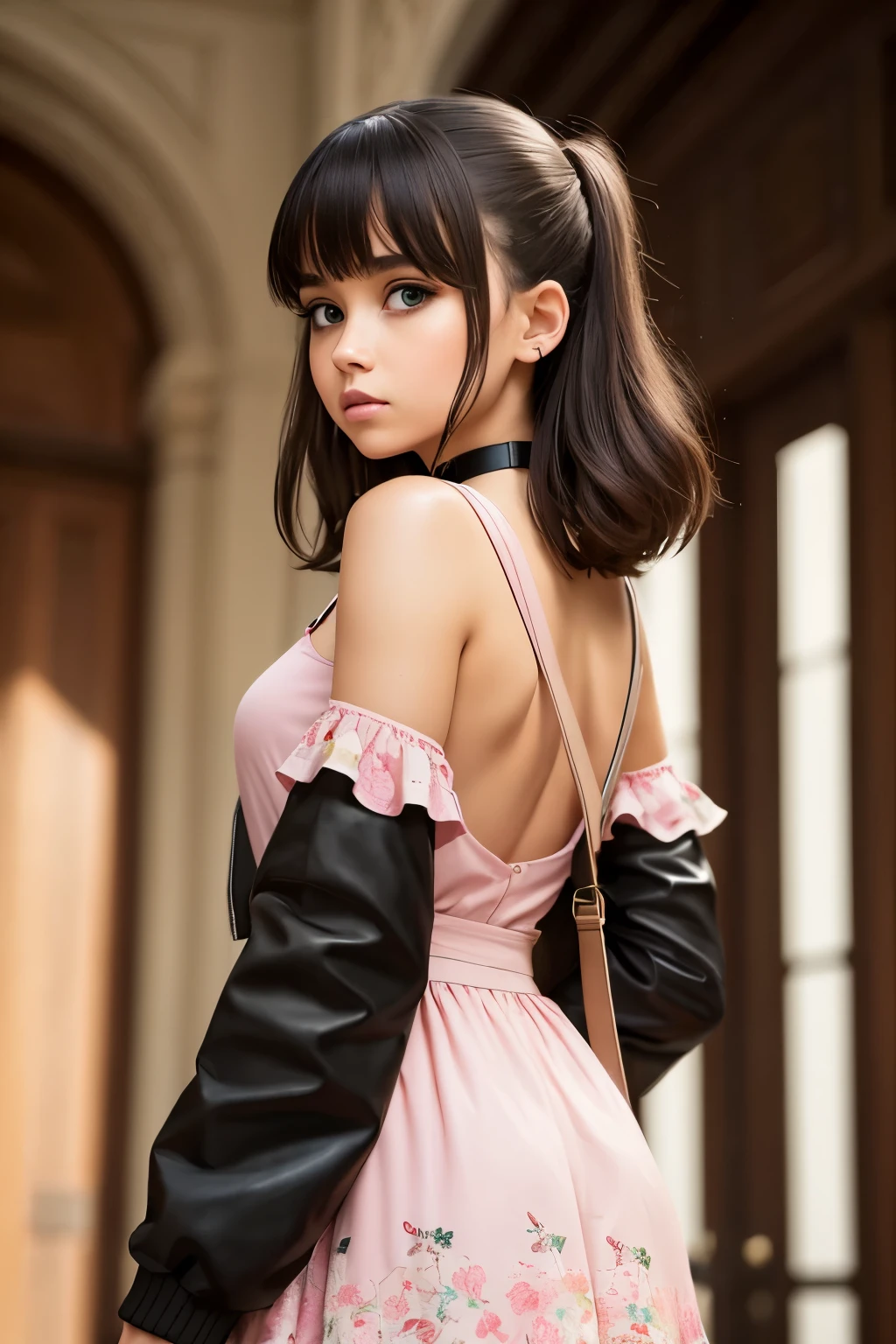 beautiful, masterpiece, best quality, extremely detailed face, perfect lighting, 1girl, solo, sketch, marnie (pokemon), green eyes, asymmetrical bangs, backpack, bag, black choker, black jacket, blurry, blurry background, choker, closed mouth, dress, from behind, indoors, jacket, long sleeves, looking at viewer, looking back, off shoulder, pink dress, red bag, solo