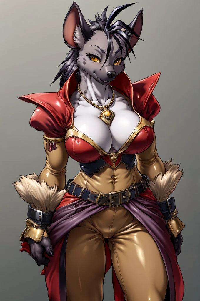  hyena, furry female anthro,HD,sharp,beautiful and detailed,woman ((anthro)),1girl,Milf, mature woman,(look at viewer) ,(perfect eyes),by dr comet,by pochincoff, by jlullaby,by kingbang,by obui,by ZeroQrisu,by sparrow,by gmeen,yellow eyes,standing,hunter outfit,((simple background)),(gray background),shenzi