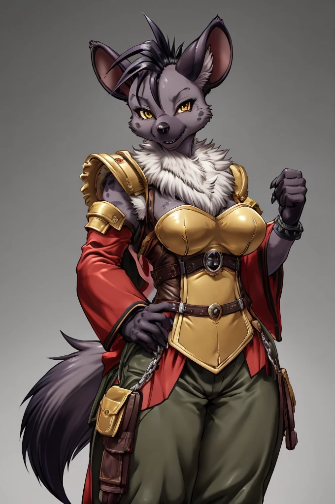  hyena, furry female anthro,HD,sharp,beautiful and detailed,woman ((anthro)),1girl,Milf, mature woman,(look at viewer) ,(perfect eyes),by dr comet,by pochincoff, by jlullaby,by kingbang,by obui,by ZeroQrisu,by sparrow,by gmeen,yellow eyes,standing,hunter outfit,((simple background)),(gray background),shenzi