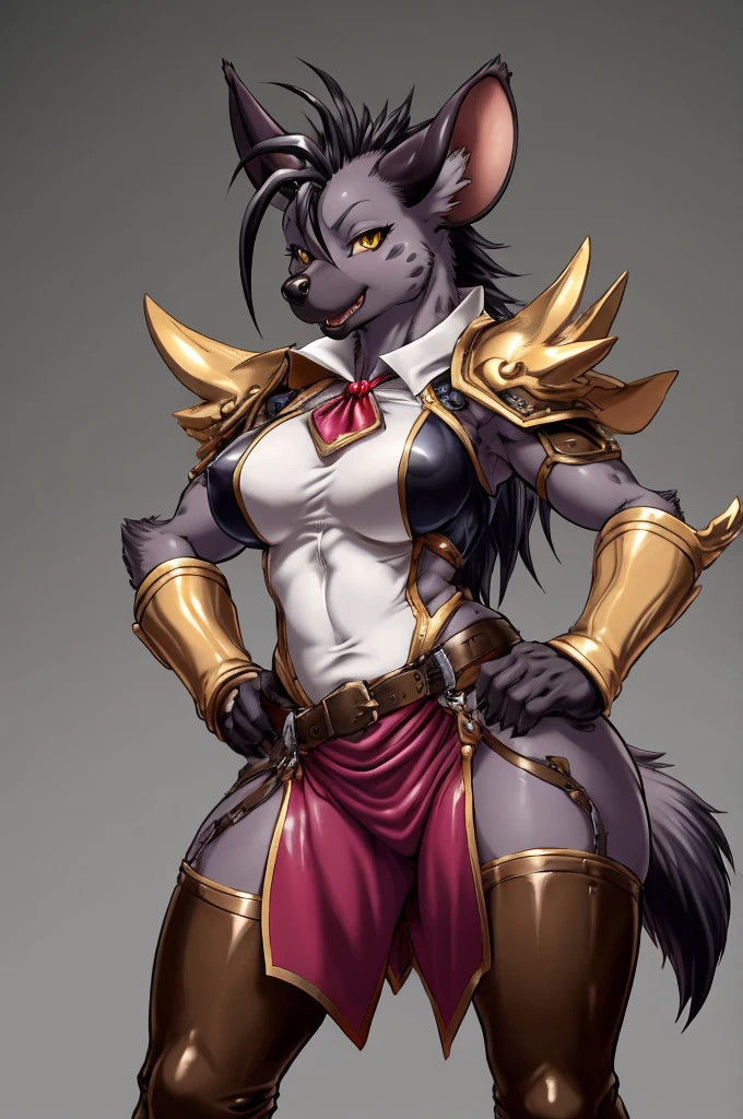  hyena, furry female anthro,HD,sharp,beautiful and detailed,woman ((anthro)),1girl,Milf, mature woman,(look at viewer) ,(perfect eyes),by dr comet,by pochincoff, by jlullaby,by kingbang,by obui,by ZeroQrisu,by sparrow,by gmeen,yellow eyes,standing,hunter outfit,((simple background)),(gray background),shenzi