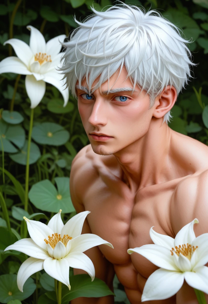 absurderes, high resolution, ultra detaild, HDR, work of art, best qualityer, Satoru Gojo, white hair with bangs, expressive blue eyes, white eyelashes, JUJUTSU KAİSEN, 1 men, bonitas, petals, white lilies, moonligh, fire flies, totally naked and naked