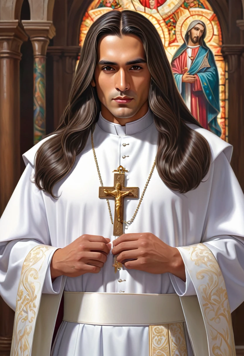 a hot latino catholic priest with medium long hair, thick pectorals getting out of tight cassock, huge bulge boner, hyper detailed, photorealistic, high resolution, 8k, best quality, intricate details