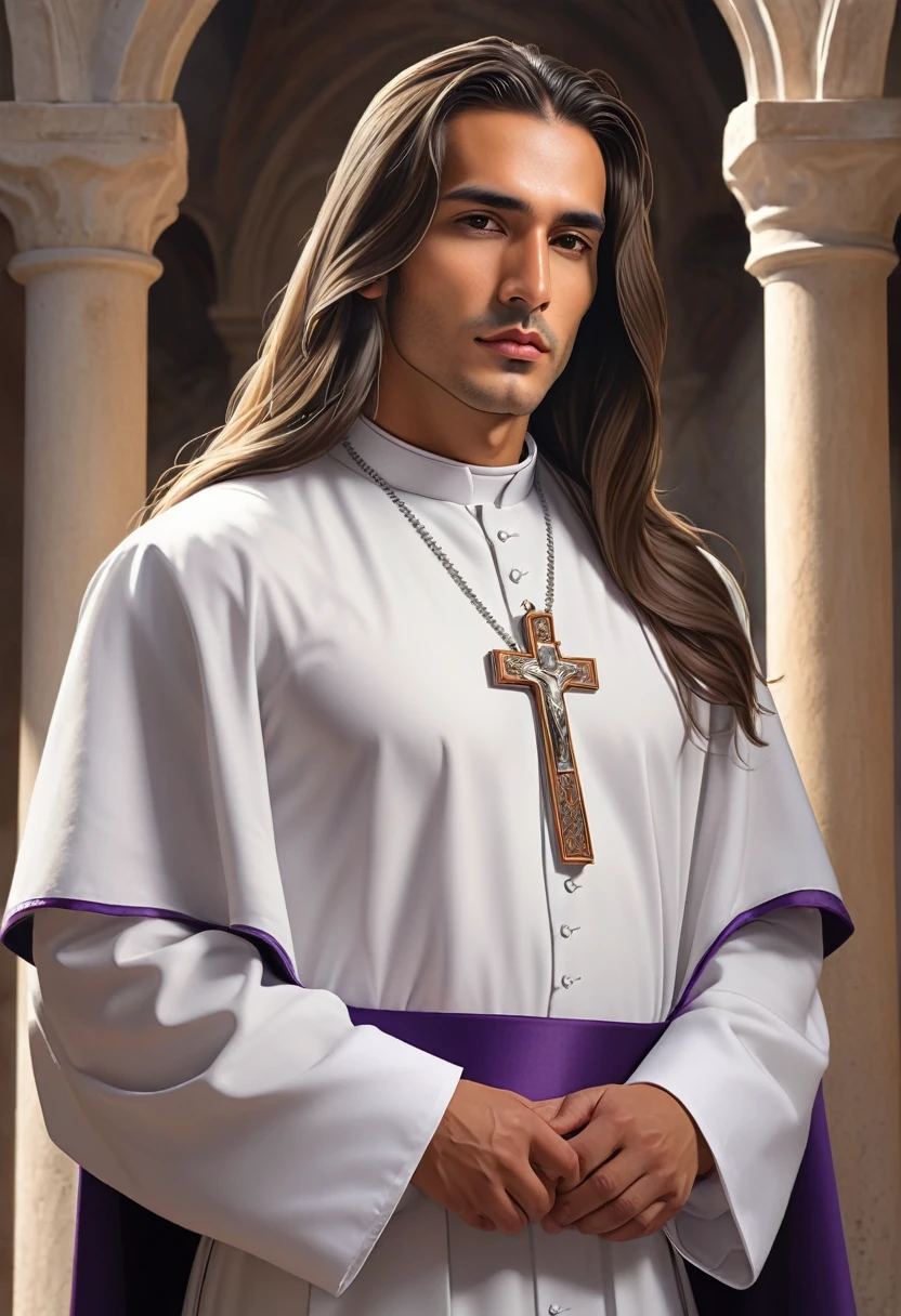 a hot latino catholic priest with medium long hair, thick pectorals getting out of tight cassock, huge bulge , hyper detailed, photorealistic, high resolution, 8k, best quality, intricate details