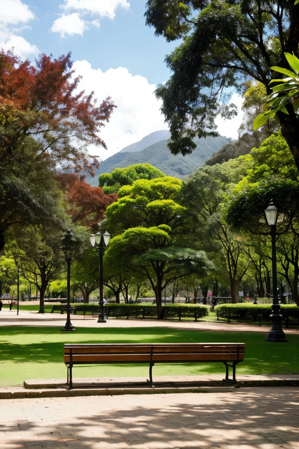 Generate an image of a bench to sit in a park in Bogota, that the image is at a different angle
