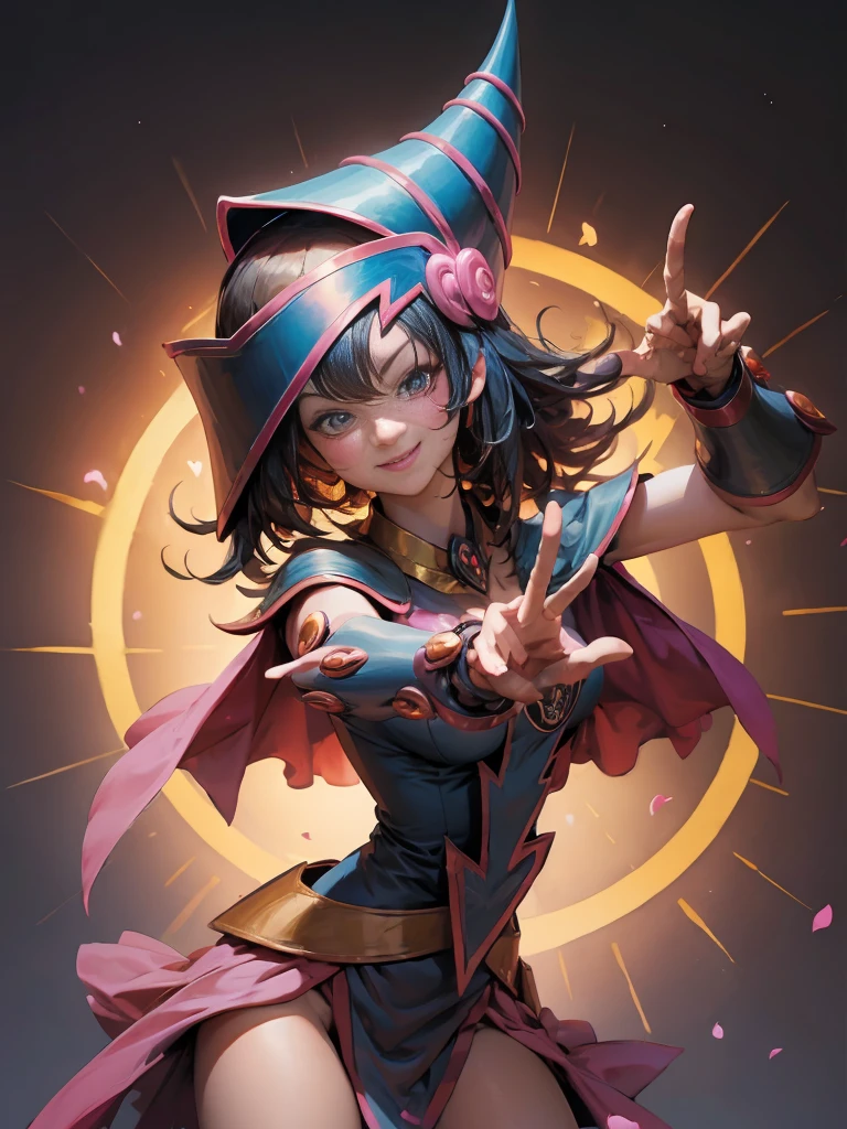 dark magician gils. Making the peace and love sign with his fingers, smile . Magic of hearts in the air. Sensual and seductive pose. Mystical magic background