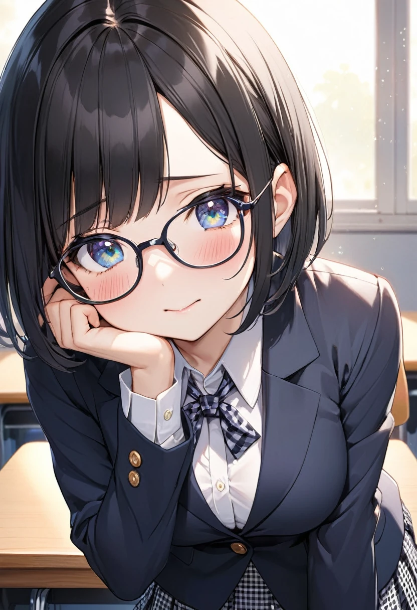 (Beautiful 18 year old Japanese woman), Cute Face, blazer,Ribbon tie,Checkered Skirt, Glasses,(Deeply chiseled face:0.7), (freckles:0.6), Soft Light,Healthy white skin, Black Hair,Bobcut, (Shy), (Sparkling eyes), thin,　Upper Body,　Very large breasts,,classroom