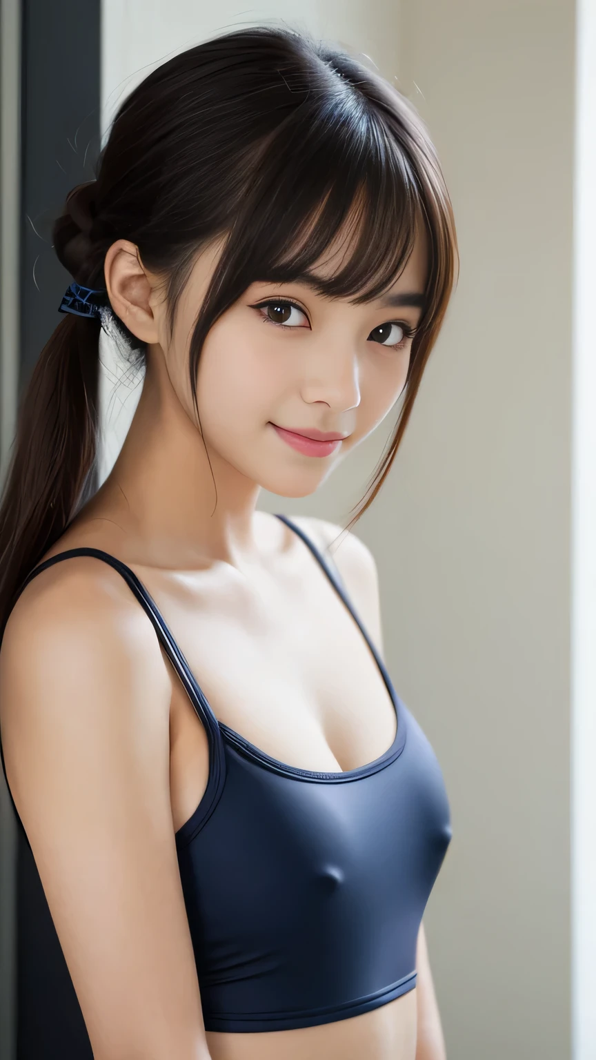 (Highest quality, masterpiece:1.2), Ultra-high resolution、One person、stand.Japanese genius、Pool Class、、Puberty、(Navy School Swimsuit)、 Something is wrong、, Very detailed, Realistic, P金traiture, Bright col金s, Fine sentences、Wavy Hair、Black Hair、bangs、One is a ponytail、Or pigtails、Hair accessories such as ribbons、Nogizaka Idol、A little blush、Beautiful and kind eyes、Strong smile。、Proactively、'you'、the body is slim、Bust A cup、Powerful and sexy images。Babyax、Victory smile 、、Non-NSFW images、Her parents are watching off-camera.......。Everyone is safe......。、(Full body image)