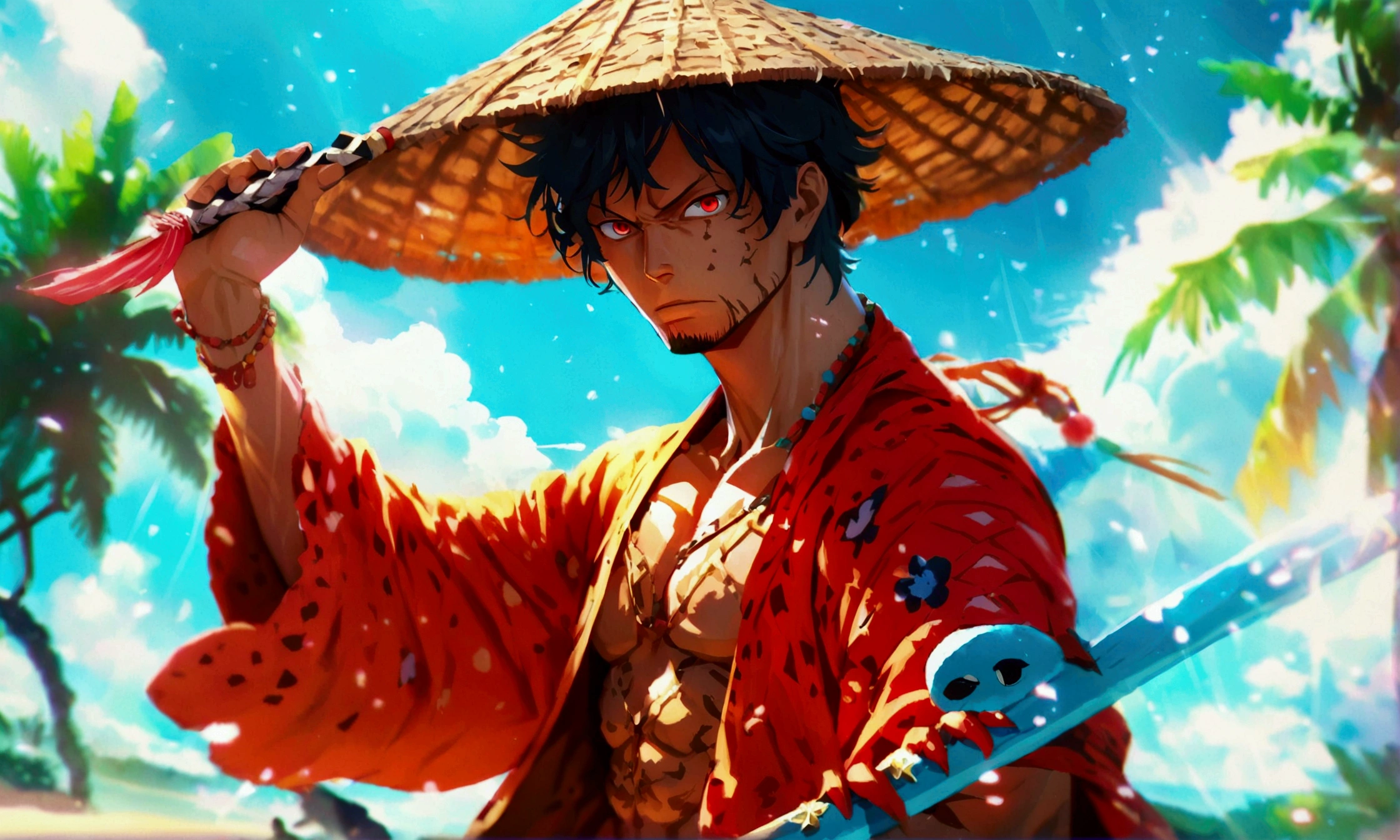 Shark Man, muscular body, red eye, summer outfit, holding a katana, beach background, "Anime character design inspired by One Piece, full of dramatic and impressive lighting, focus on the centralized character, impressive face, full of creative details, ultra-fine 4K design, scenery bathed in creativity, boasting 2D anime resolution clarity, HD anime graphics, high-octane rendering"