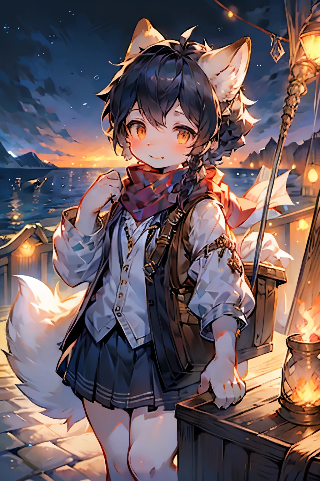 Icelandic Fox Girl,Baby girl characteristics,White skin,Black hair,Braid,scarf,Vest,Short skirt,Maritime background,Ship,navigation