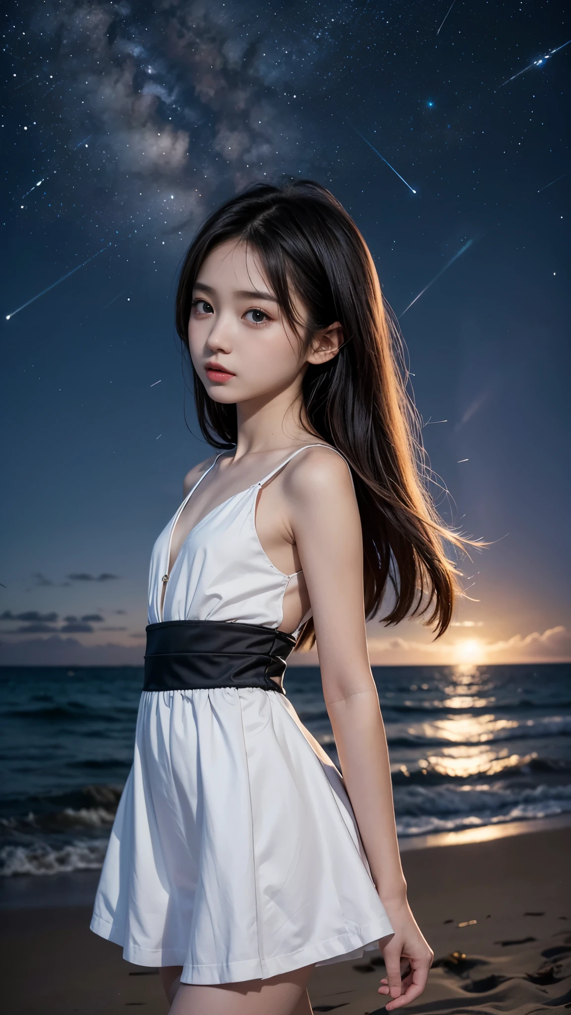 ((Standing on a beautiful beach where you can see the Leonid meteor shower:1.2))、(Sea of night)、(((girl with flat chest:1.4)))、(15 year old beautiful girl:1.3、Japanese Idol、Baby Face:1.5)、Slender body line、Small and slender figure、((Wearing a lovely miniskirt dress:1.3))、(Detailed eyes and face:1.2、Professional photography techniques、Cinema Lighting)、(I can't see my hands:1.2、The right move)、((Beautiful waistline:1.2、Tight waist:1.5、Slim Belly:1.5))、Thin thighs、Beautiful buttockoisturizing lips、(Beautiful eyes with attention to detail)、double eyelid、Small Nose、Cute Face、Beautiful Skin、(Correct Anatomy)、(Highest quality、Highest quality、Masterpiece:1.2、Ultra high definition)、(Reality:1.37)、(Gaze at the viewer:1.2、blush:1.2、Idol Smile:1.3)