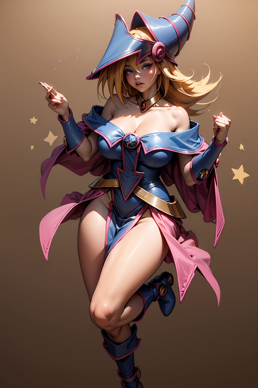 (masterpiece:1.2), (The best quality:1.2), perfect lighting, Dark Magician Girl casting a spell, floating in the air, big tits, neckline, magic background. Transparent hearts in the air, blue robe, big hat, from above, Sparkles, Yugioh Card in the background. In heels and with jeans