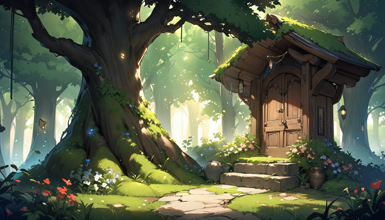 style: Mystical Theme: Fantasy main elements:
Mysterious Forest: Detailed Description of the Tree Hollow House:
In the vast mysterious forest、The moment you step inside, the air feels moist and humid.、A thin mist drifts。Lush tree々Standing tall in the sky、The leaves block the sunlight、It creates a dark and quiet atmosphere。Moss spreads like a carpet on the ground.、Ferns and wildflowers, large and small々are scattered。You can hear the babbling of a stream from afar.、The chirps of birds echo through the air。
At the base of the huge old tree in the center、There is a house in a tree hollow where a mysterious being lives.。The tree trunk is thick、A large cavity is visible, like the rings of a tree.。At the entrance to the cave、There is a handmade wooden door.、Above it are a number of small windows.。Beautiful green ivy entwined around the window frame、Seasonal flowers are in full bloom。There are small stone steps leading to the door.、A lamp hangs next to it、It emits a soft light。
In the surrounding area、Magical particles of light float in the air.、It creates a mysterious scene。There is a small garden in front of the house.、There are medicinal herbs and mysterious plants growing there.。There is a wooden table and chairs、Imagine someone spending time here。
In the background、The depth of the deep forest spreads、Sunlight on the trees々Plug in from between。The balance of light and shadow emphasizes the mysterious atmosphere.。Birds and small animals roam freely in this mysterious landscape.、It depicts a vivid and realistic natural world.。
