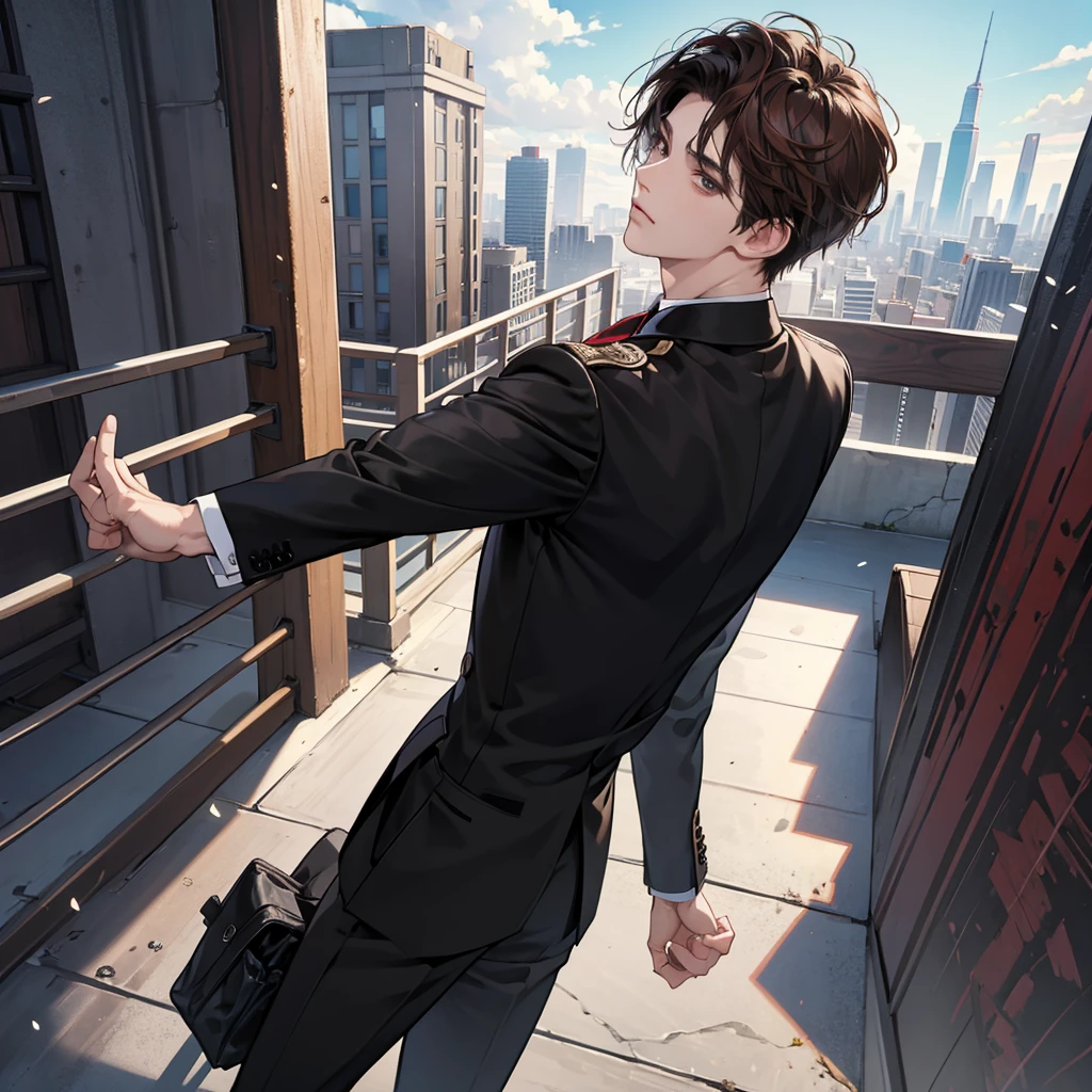 1boy, black red brown hair, blindfolded eyes, wearing all black suits, on top of a building, high res, ultrasharp, 8k, masterpiece, looking at viewer from behind