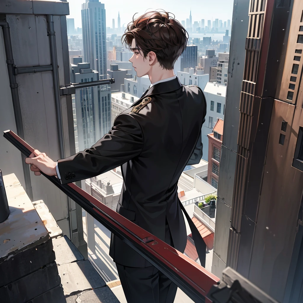 1boy, black red brown hair, blindfolded eyes, wearing all black suits, on top of a building, high res, ultrasharp, 8k, masterpiece, looking at viewer from behind