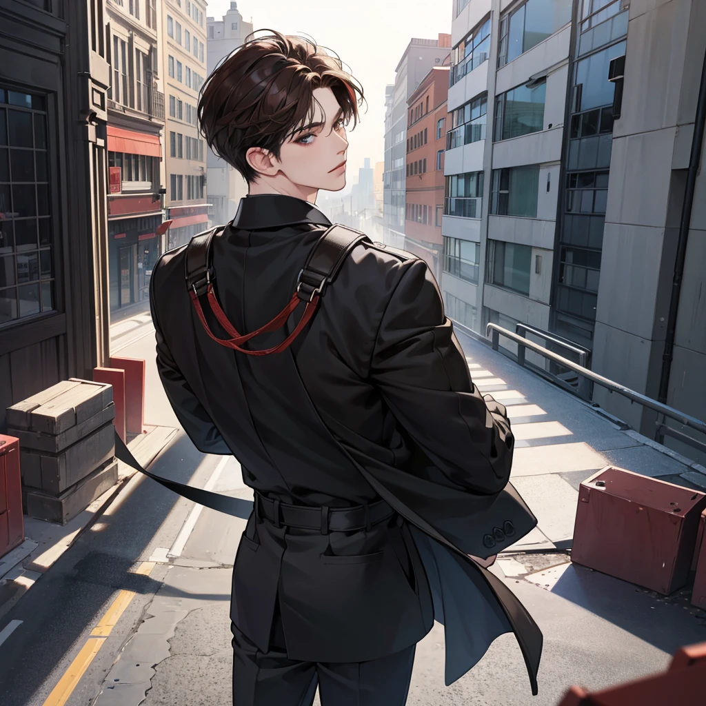 1boy, black red brown hair, blindfolded eyes, wearing all black suits, on top of a building, high res, ultrasharp, 8k, masterpiece, looking at viewer from behind