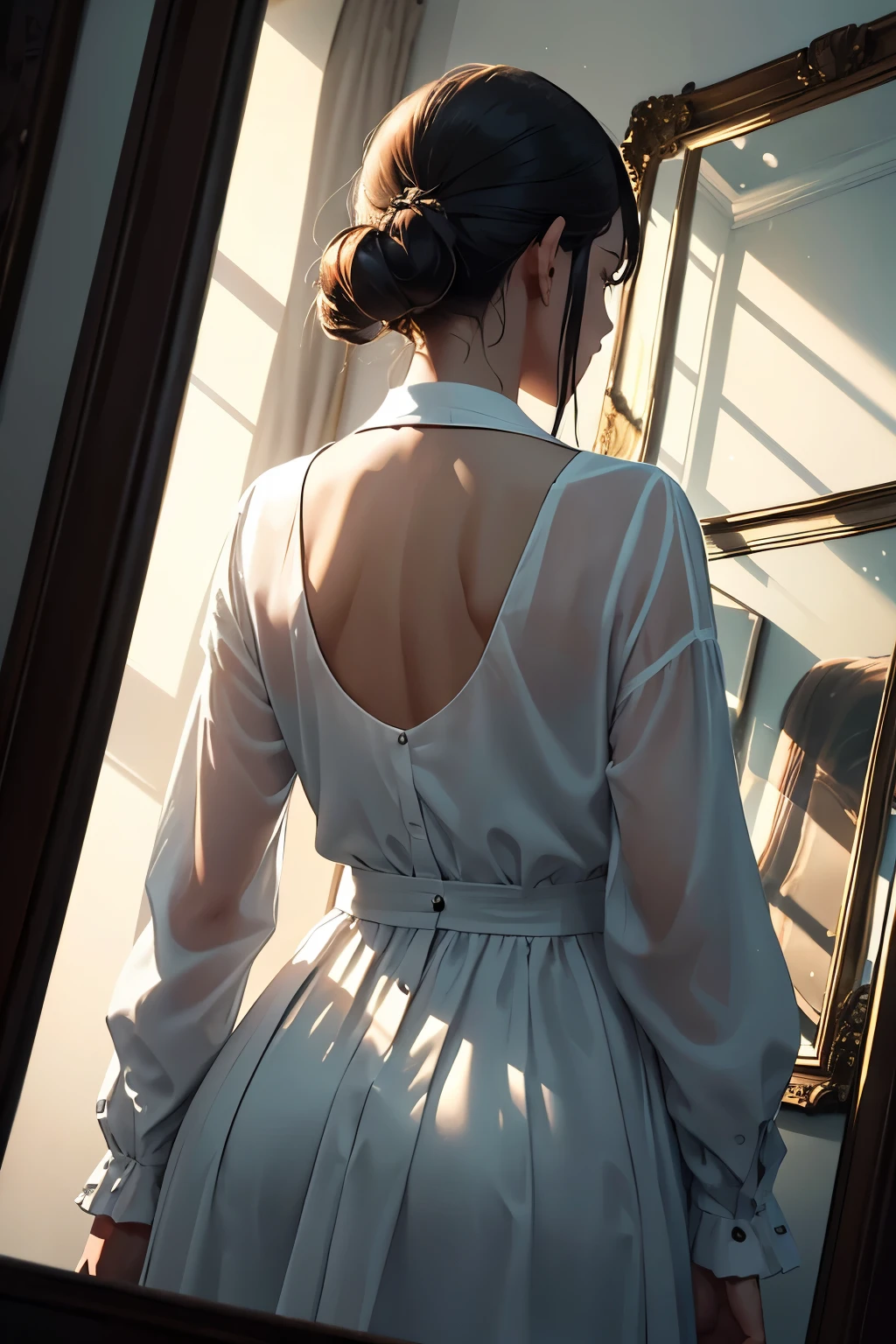 imageio: Close-up of reflection in the mirror. The reflection shows Clara, but with a shadow or an indistinct figure in the background, as if it were moving behind her.
detail: The shadow should be subtle and indistinct in appearance, creating a feeling of estrangement. Keep your focus on Clara's confused and worried expression.