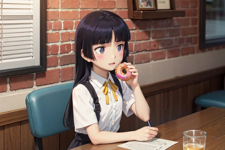 (donutを食べる), donut, Cafe, Retro interior, table, Sit on a chair,tray, drink, Cup, donutを手に持って微笑む, Vibrant colors, Faded red brick wall, Stylish lighting, American style design, (ruri gokou), girl, (alone), Hime cut, Black socks, Short sleeve, Grey Skirt, Hime cut, push into, White shirt, Collared shirt, Yellow ribbon, , masterpiece,