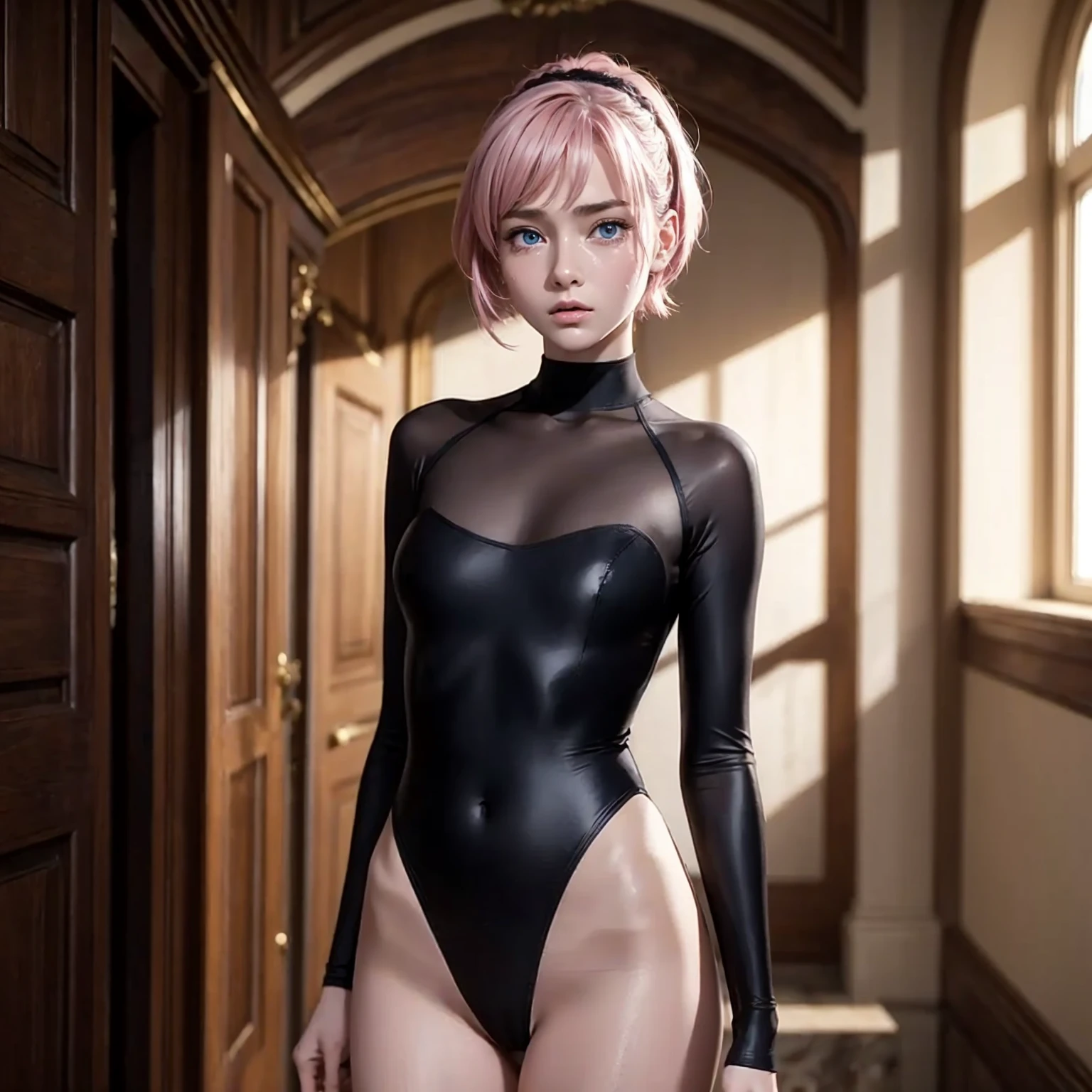 23 year old girl is standing at attention, facing front, a photorealistic ballerina, beautiful face、blue eyes、European Faces、Short-cut pink hair、full body portrait、very shiny long sleeve leotard、tight-fitting long sleeve leotard. straighten arms and legs, open eyes、open mouth、Sad eyes、anguished face, crying