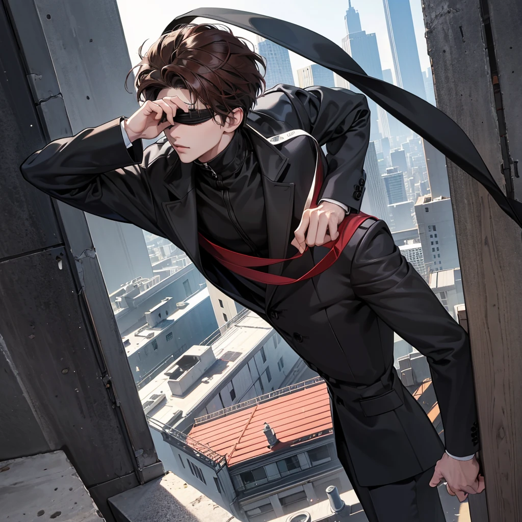 1boy, black red brown hair, blindfolded eyes, wearing all black suits, on top of a building, high res, ultrasharp, 8k, masterpiece, looking at viewer from behind