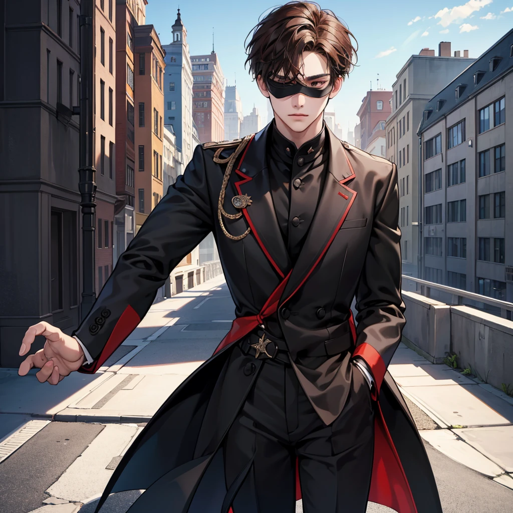 1boy, black red brown hair, blindfolded eyes, wearing all black suits, on top of a building, high res, ultrasharp, 8k, masterpiece, looking at viewer from behind