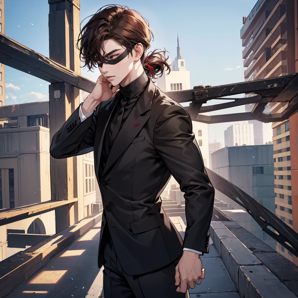 1boy, black red brown hair, blindfolded eyes, wearing all black suits, on top of a building, high res, ultrasharp, 8k, masterpiece, looking at viewer from behind