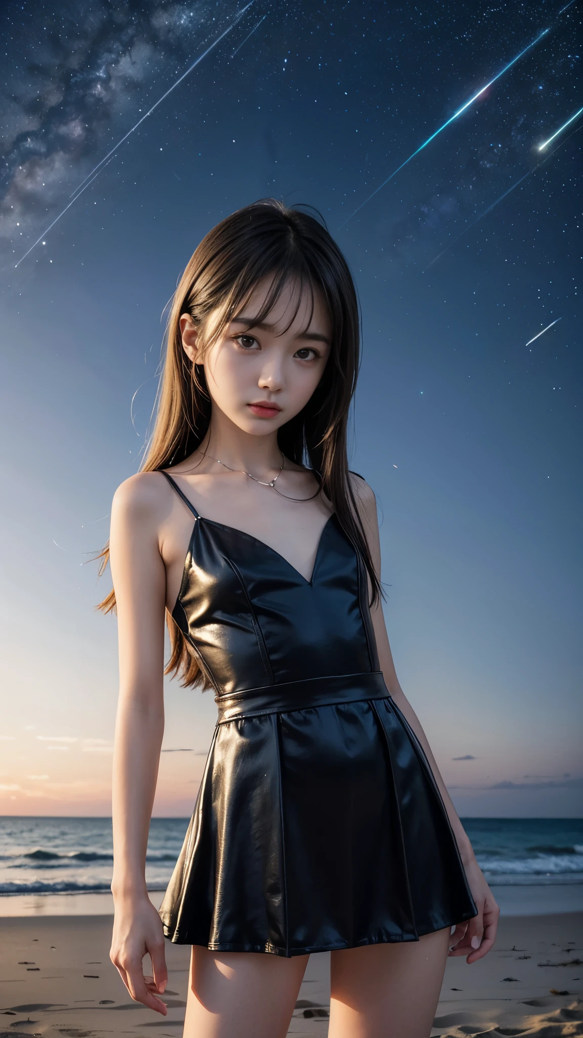 ((Standing on a beautiful beach where you can see the Leonid meteor shower:1.2))、(Sea of night)、(((girl with flat chest:1.4)))、( beautiful girl:1.3、Japanese Idol、Baby Face:1er body line、Small and slender figure、((Wearing a lovely miniskirt dress:1.3))、(Detailed eyes and face:1.2、Professional photography techniques、Cinema Lighting)、(I can&#39;t see my hands:1.2、The right move)、((Beautiful waistline:1.2、Tight waist:1.5、Slim Belly:1.5))、Thin thighs、Beautiful buttockoisturizing lips、(Beautiful eyes with attention to detail)、double eyelid、Small Nose、Cute Face、Beautiful Skin、(Correct Anatomy)、(Highest quality、Highest quality、Masterpiece:1.2、Ultra high definition)、(Reality:1.37)、(Gaze at the viewer:1.2、blush:1.2、Idol Smile:1.3)