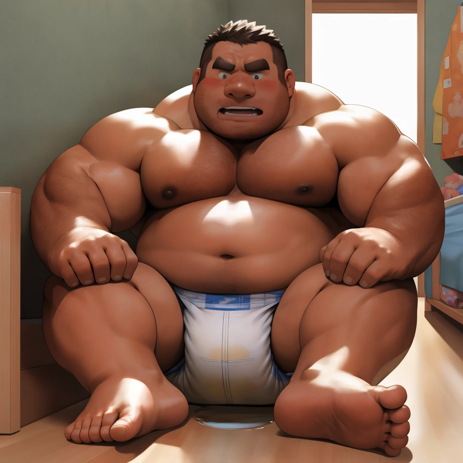 masterpiece, Top quality, in 32K, perfect anatomy, hyper detailed, super fine illustration, The thick man is a brutal prisoner, retarded, hairy, human, 50yo in japan, (fatness: 1.0), Fatty muscle, Bowleg, disappointment, incontinent, be diaper check by children, There is a small puddle under him, Naked, short legs, Bowleg, spread legs, wear a White cloth Diaper, Bare belly, Bare legs, Bare foots, Bare soles, Shirtless, wide forehead and short thinning hair, Man with round  face with stubble, Bare foots, Bare soles, shy, sissy, Weaker than children, Drool, Round face, He enters nursery school and is despised by children, He is made to stand attention in the corner of the playroom, corner time, He surrounded by children, Bare foots, big butt, White Diaper, sobbing, There is a small puddle under him