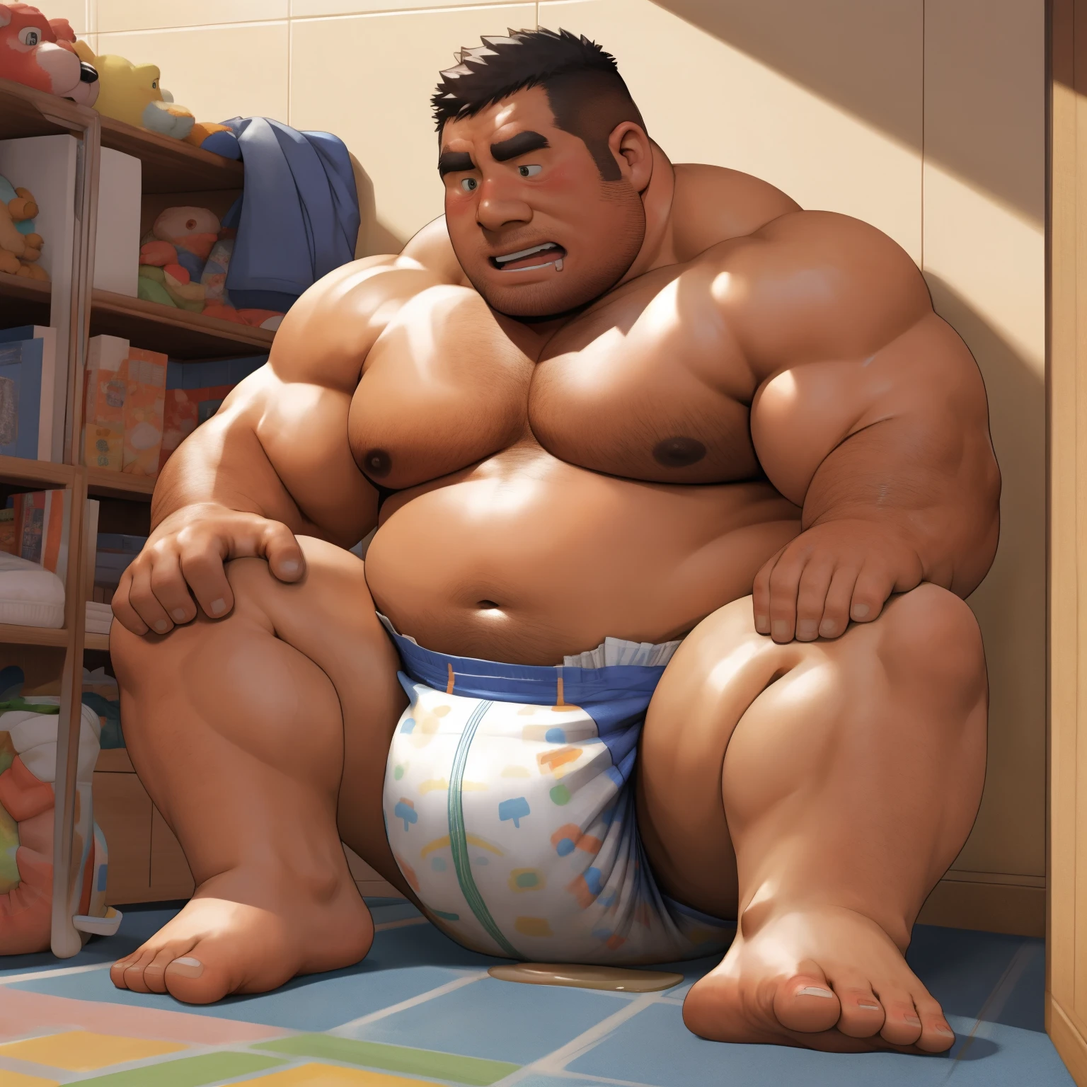 masterpiece, Top quality, in 32K, perfect anatomy, hyper detailed, super fine illustration, The thick man is a brutal prisoner, retarded, hairy, human, 50yo in japan, (fatness: 1.0), Fatty muscle, Bowleg, disappointment, incontinent, be diaper check by children, There is a small puddle under him, Naked, short legs, Bowleg, spread legs, wear a White cloth Diaper, Bare belly, Bare legs, Bare foots, Bare soles, Shirtless, wide forehead and short thinning hair, Man with round face with stubble, Bare foots, Bare soles, shy, sissy, Weaker than children, Drool, Round face, He enters nursery school and is despised by children, He is made to stand attention in the corner of the playroom, corner time, He surrounded by children, Bare foots, big butt, White Diaper, sobbing, There is a small puddle under him