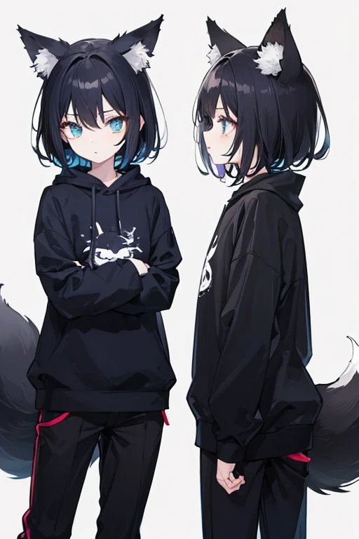 Zerofall, female version with short messy black hair, , with black fox ears and tails, with black sweatshirt and blue markings, short black pants
