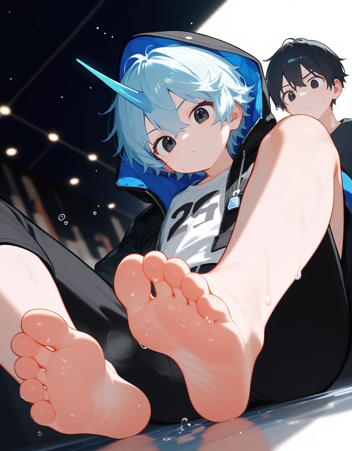 wallpaper,A cute boy showing his feet at a low angle，barefoot，这个男孩有一头蓝色的短发和black eyes，There is a blue horn on the head，black eyes，White T-shirt，Black jacket and black pants，best quality, Very detailed, masterpiece, Extremely detailed, illustration,Foot Focus，Sweating on the soles of the feet，Water dripping from the soles of feet，Good feet，Detailed background，Confused expression，Steam around feet，