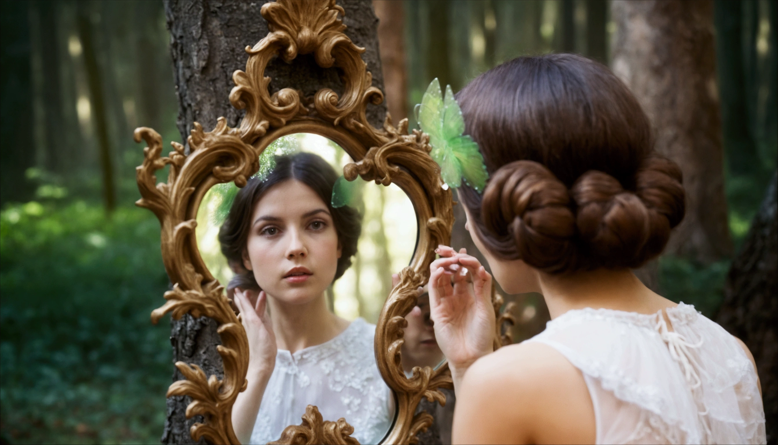 There is a woman who looks at her reflection in a mirror, looking at a mirror, looking in a mirror, Mirrored, in a whimsical fairytale forest, looking into a mirror, looking into a mirror, with a mirror, mirror reflection, fairy tale style, espelhos, ethereal fairy tale, mirror reflections, mirror and glass surfaces, mirroring, with many espelho