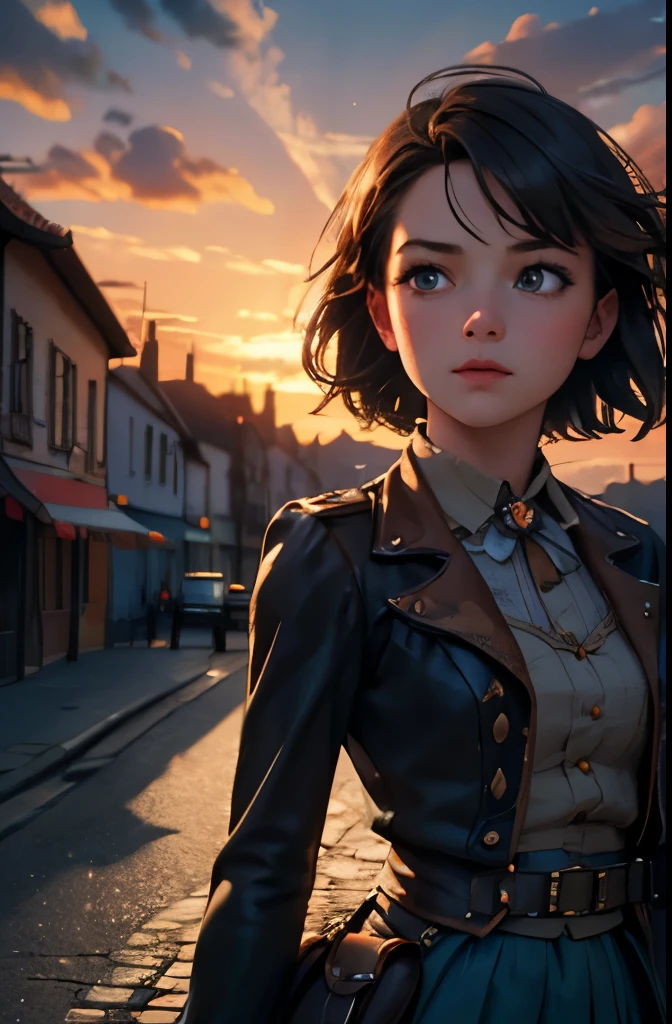 realistic, analog photo, Masterpiece, modern analog photo, middle shot, photorealistic, (detailed cute face), skyscape with clouds, nightfall, cute woman, small european town in 1910, short windblown skirt, soft steampunk aesthetic, short hair, smoke particles, halo, (bioluminescent:0.95), vibrant color details, dynamic, Intensed eyes, sexy, pleasure, wishmaster, depth of field, 35mm, film grain, raw photo, isometric, extremely detailed